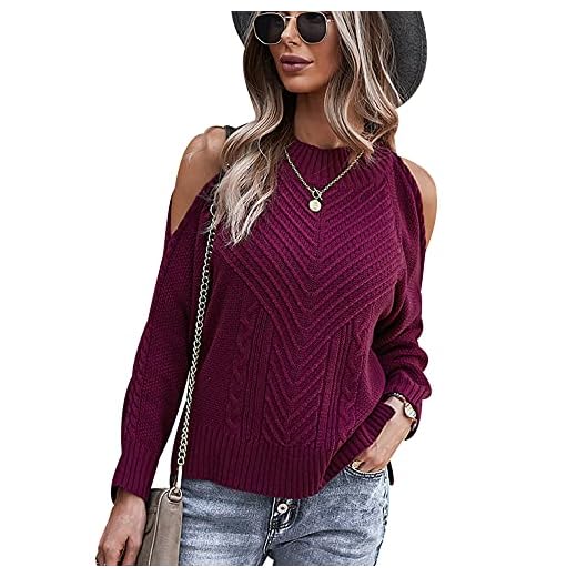 Jersey Hombros Descubiertos Punto Mujer Invierno Sueter Mujer Manga Larga Jerséis Pullover Oversize Jerseys Finos Jerseis de Mujer Tallas Grandes Suéter Fino Ancho Basico Suéteres para Mujer Rojo M
