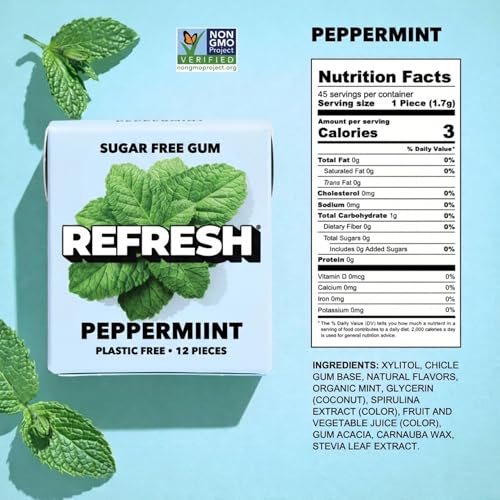 Image of Refresh Plant Based Gum, Sugar Free, Xylitol, 12 Pcs, 6 Pack (Peppermint)
