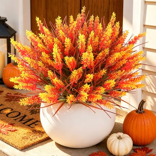 Image of AmyHomie 16 PCS Artificial Fall Flowers for Outdoors,Fake Lavender Plants