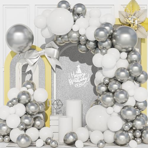 Ousuga Kit Arche Ballons Blanc Argent,111Pcs Guirlande Ballon Matte Blanc Argent Métallique Révélation Sexe Fille Manquer Anniversaire Mariage Valentin Thème Remise Diplôme Promo Décoration Fête