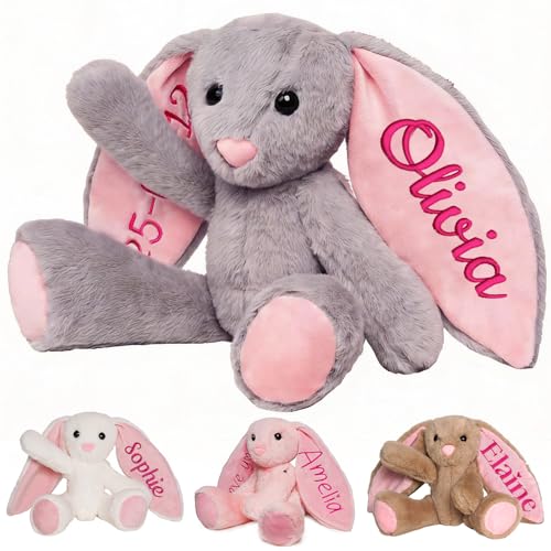 Baosity Personalized Bunny Plush with Embroidered Name, Custom Stuffed Bunny Rabbit for Baby Girls Boys, Personalized Stuffed Animal, Bunny Plush Toy for Newborns, Easter, Baby Shower, Birthday Gift