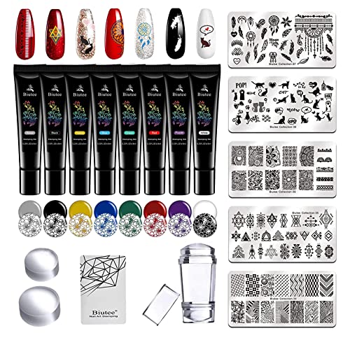 Kit de Stamping Biutee Placas Estampacion Uñas 5pcs Plantillas Diferentes 8 Colores Esmalte para Estampador Cover