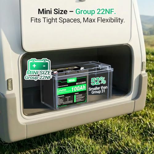 Image of HQST 12V 100Ah LiFePO4 Battery, Group 22NF Mini, BMS, LED Meter, 1280Wh