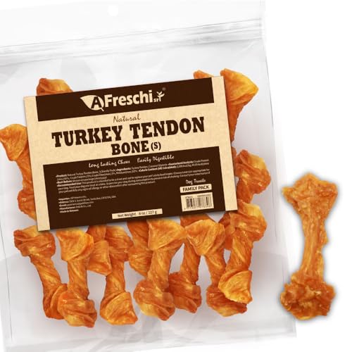 A Freschi srl Turkey Tendons for Dogs USA-Sourced Human Grade Rawhide-Free Long-Lasting Puppy Chews All Natural Hypoallergenic Dog Treats for Small Breeds Bone (S) 8 oz Pack