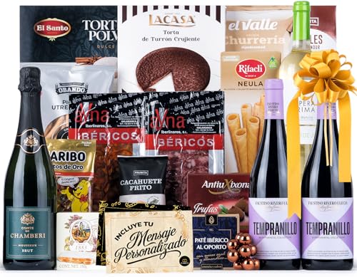 Cesta de Navidad con Ibericos de Bellota Gourmet 2025 (Lote 205) · Vinos Faustino & Ópera, Brut, Ibéricos, Turrones y Dulces · Incluye Tarjeta Personalizable · Regalo Corporativo o Familiar