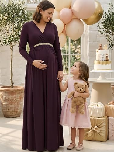 Image of KOH KOH Womens Maternity Long Sleeve V-Neck Flowy Winter Maxi Dress Gown