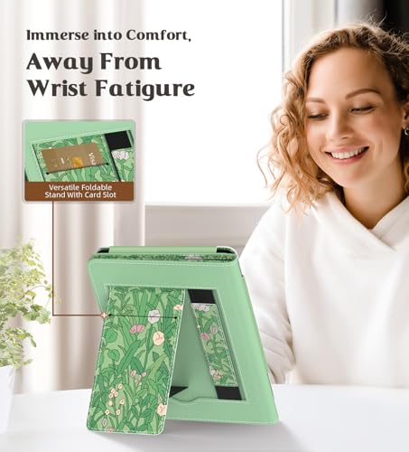 Image of MoKo Case for All-new 6 inch Kindle(11th Generation, 2024 /2022 Release) /(10th Gen,2019) /Kindle(8th Gen, 2016), Ultra Lightweight PU Shell Cover with Auto Wake /Sleep for Kindle 2024, Green Flower