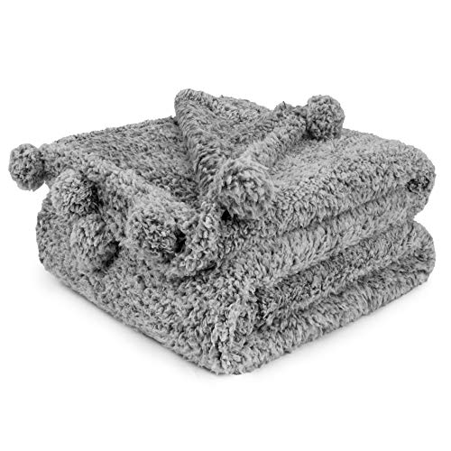 Pavilia Heather Gray Sherpa Throw Blanket For Couch, Pom Pom | Fluffy Plush Soft Blanket For Sofa Bed | Shaggy Warm Fuzzy Fleece Blanket | Cozy Decorative Grey Pompom Throw, 50X60 #TOP10