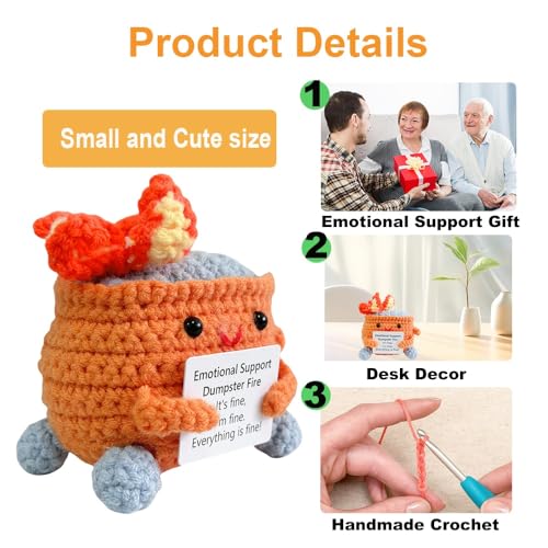 Image of RovyFota Emotional Support Crochet Dumpster Fire with Positive Card Cute Room Decor Knitted Toys Funny Crochet Support Buddies Gifts for Friends (Orange)