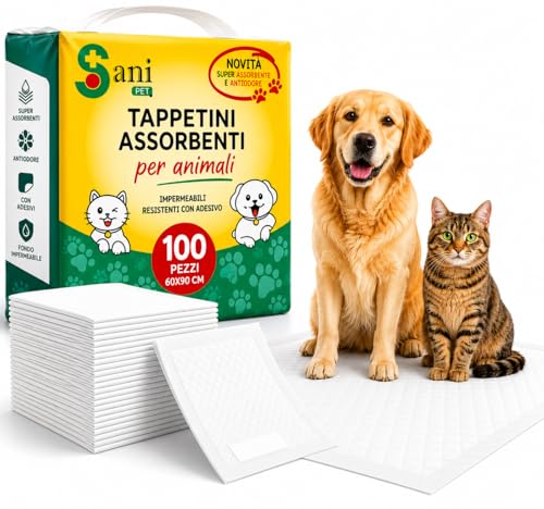 SANI PET Traverse Assorbenti 60x90 cm 100 Pezzi | Tappetini Igienici per Cani e Gatti | 10 Confezioni da 10 | Adesivi Extra Lunghi | Antiodore | Fondo Impermeabile | Traversine Assorbenti per Cuccioli