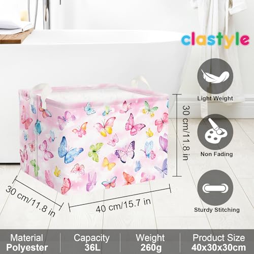 Image of Clastyle Kid Storage Basket Butterfly Foldable Clothes Laundry Hamper, 36L | Waterproof Large Book Gift Toy Organizer Nursery Bin, Girl Room Playroom Bedroom Bathroom, Dream Purple Pink Shelf Basket