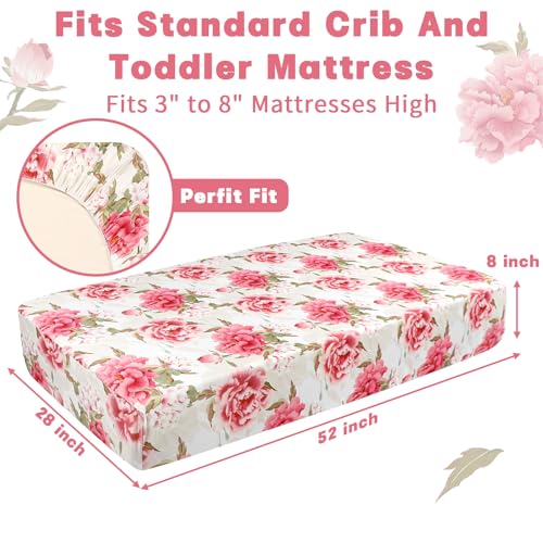 Image of Crib Sheets for Girls Boys, HNHUAMING Neutral Crib Sheet Fitted, Ultra Soft Baby Crib Sheets 52'' X 28'' inch Fits for Standard Crib & Toddler Mattress, Pink Peony Floral