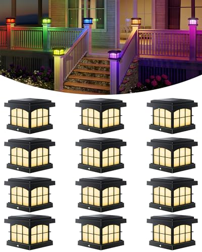 PARTPHONER RGBCW Solar Post Cap Lights 12-Pack, 9 Colors 3 Modes Fence Cap Lights, Bright Solar Outdoor Waterproof LED Deck Lighting for Fence Garden Deck Patio Porch Decor 4x4 Vinyl/Wood, Black