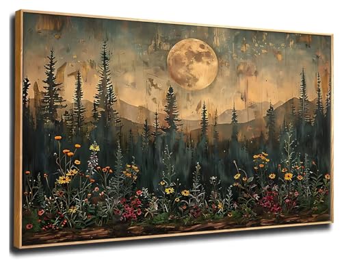ILLBDR Framed Large Wall Art Vintage Wildflower Wall Art Nature Moon Painting Print Flowers Forest Picture Landscape Rustic Decor Farmhouse Living Room Bedroom Office 20"x40"