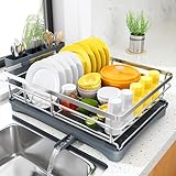 SNTD Dish Drying Rack for Kitchen Counter - Stainless Steel Dish Rack with Drainboard, Large Dish Drainer with Utensil Holder for Sink, Silver