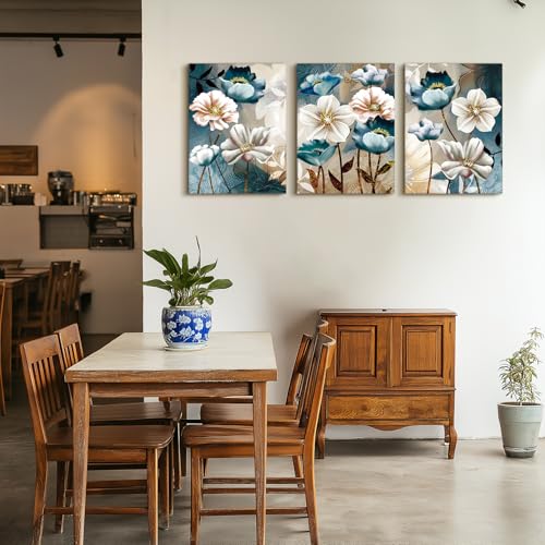 SERIMINO 3 Piece Lotus Flower Canvas Wall Art for Living Room, Blue Floral Picture Wall Decor for Dining Room Bedroom, Art Print Painting for Home Decorations 12"X16"