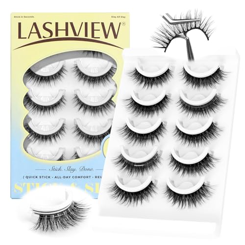 LASHVIEW Self Adhesive Eyelashes, 5 Pairs Natural Look Press On Lashes No Glue Need Eyelashes Reusable Cat Eye Wispy Self-adhesive False Lashes with Replacement Adhesive Strips (C122)