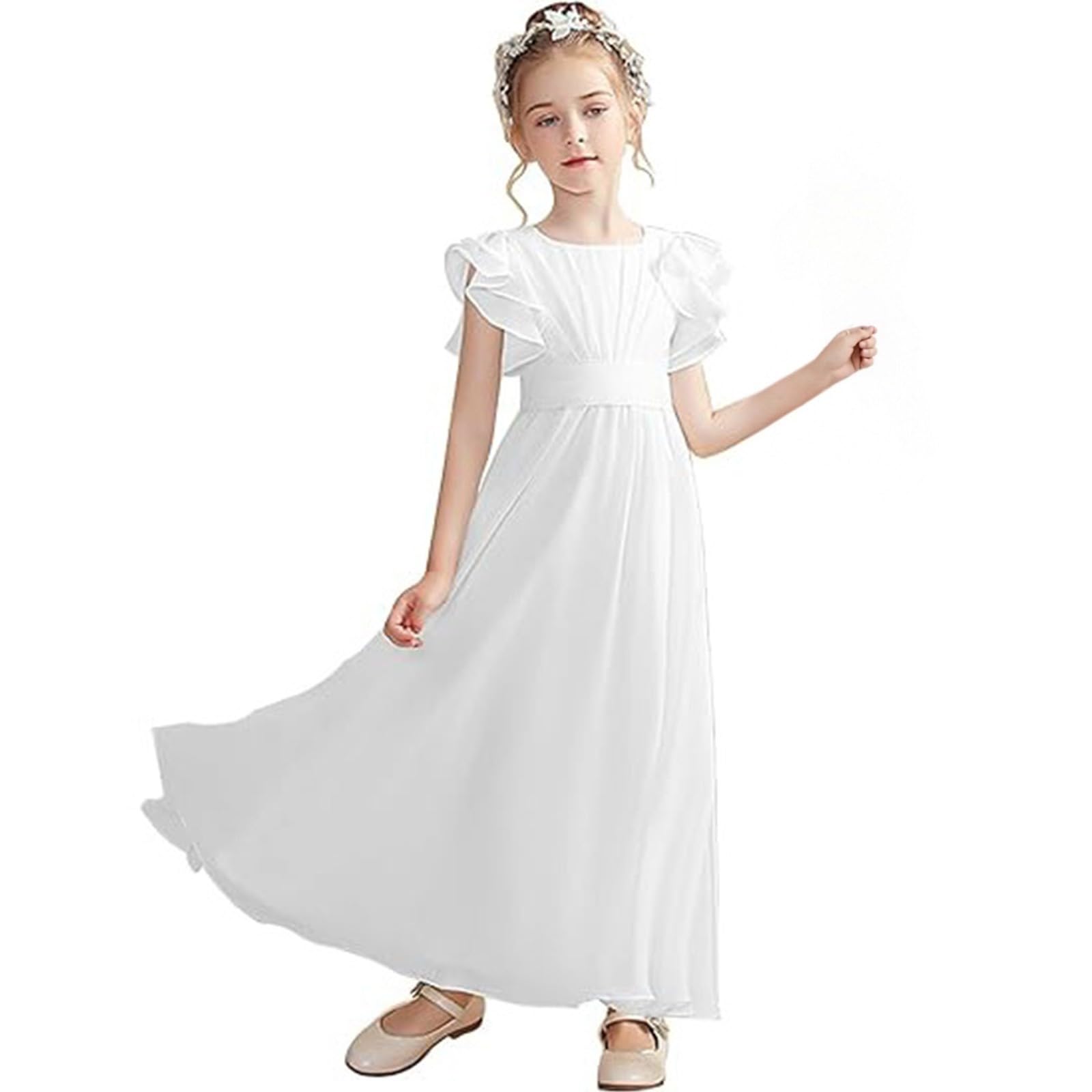 Maxi abito da bambina a maniche corte con scollo rotondo a pieghe per bambini eleganti gonne da principessa in tulle per matrimoni