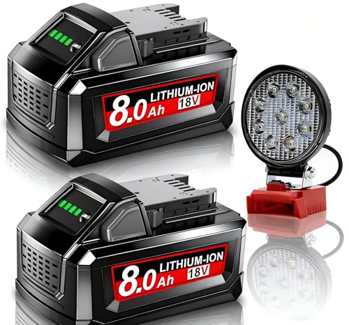2X 18V 8.0Ah/8000mAh Ersatzakku für Milwaukee M18 Akku + LED Akku Lampe für Milwaukee M18B 48-11-1840 48-11-1828 48-11-1820 48-11-1815 48-11-1850