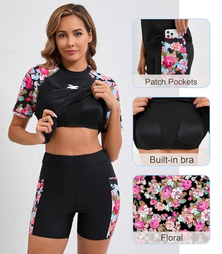 Camiseta de natación para mujer Halcurt de dos piezas para playa y piscina con bolsillos 5