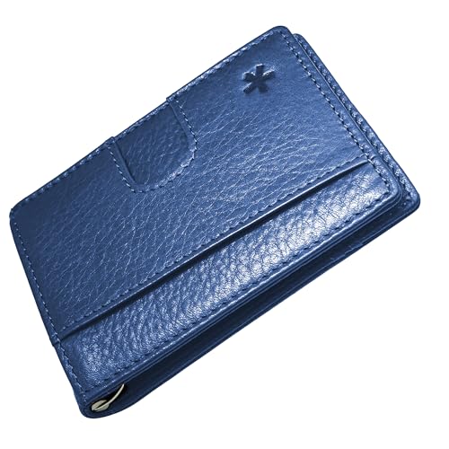 Image of Swear Brands Full Grain Leather Wallet with RFID Blocking & Money Clip - Minimalist Bifold Wallet Holds 12 Cards - Easy Access Pull Tab - Ethically Sourced (Blue)