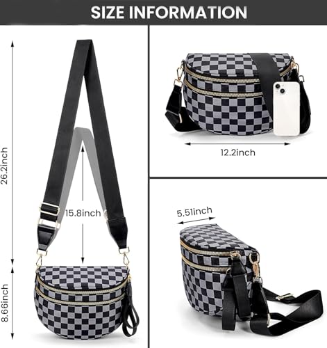 Oversized Black and White Checker Print Crossbody Bag for Women - Water Resistant Nylon Sling Bag with Vegan Leather Trim2