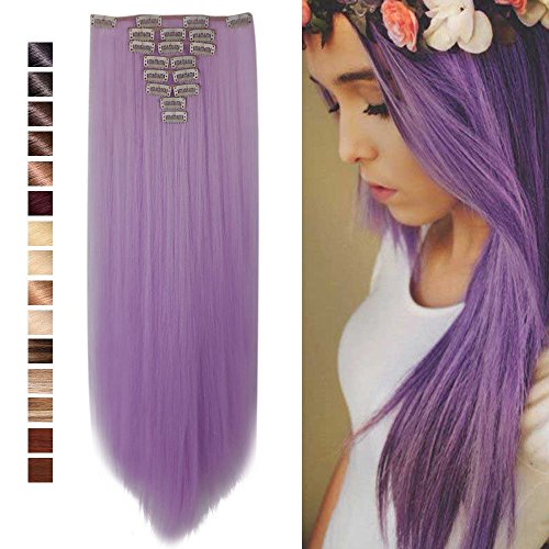 S-noilite 26" Long Straight Curly Light Purple 8 Pieces Clip in on Hair Extensions Full Head Set Thick Hairpiece Synthetic Hair Extensions for Girl Lady Women USA Local Post