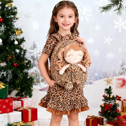 Image of Gloveleya Toddler Backpack Baby Girl Gifts Curly Hair Plush Figures Dress Backpack Kids Backpack Curly Hair Spring Girl - White Leopard 9inches