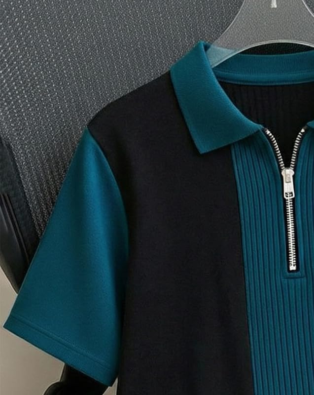 Image of AUSK Men's Textured Vertical Striped Knit Polo T-Shirt | Half Sleeve Zipper Neck Self-Design Casual Tee | Mens Tshirts