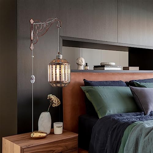 Image of Boho White Lantern Wall Lights with Plug in Cord, Farmhouse Rustic Wall Sconces Plug in Hanging Lamps for Bedside Bedrooms Living Room 2PK