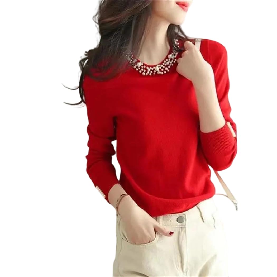 Womens Splicing Heavy-Duty Beaded Round Neck Sweater Loose Versatile Western-Style Knitted Top