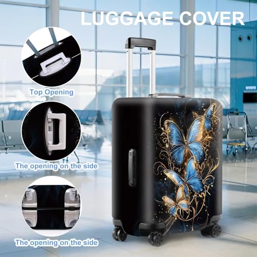 Image of Elegant Butterfly Luggage Cover for 20-22 Inch Suitcase - Blue and Gold Artistic Insect Design Travel Protector - Washable Stretch Suitcase Cover for Stylish Travelers,S