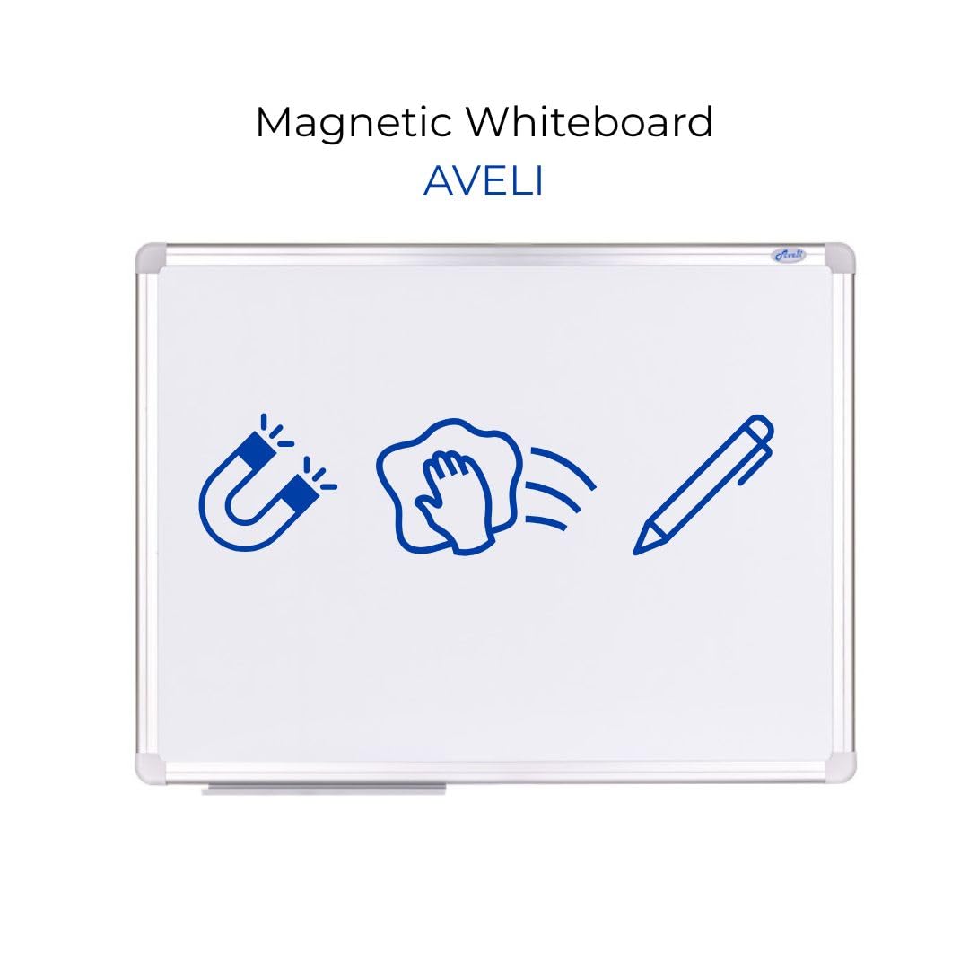 Pizarra magnética AVELI de 90 x 60 cm, pizarra blanca con marco de aluminio y estante, magnética y escritura, montaje en pared horizontal/vertical, para oficina, escuela, hogar