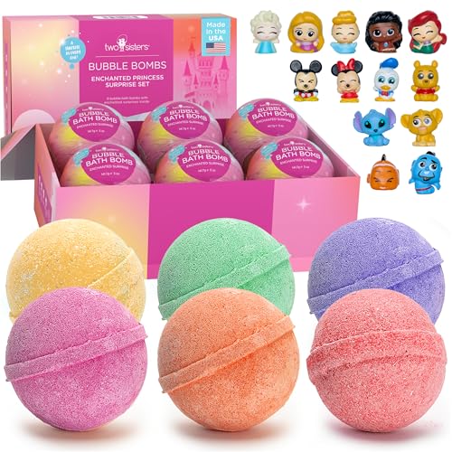 Image of Princess Bath Bombs for Girls with Surprise Toys Inside (6 Pack) – Large Fizzy Bubble Bath Bomb for Kids - Princess, Mermaid, Fairytale Bath Toys – Fruity Scent, Skin-Safe, Made in USA by Two Sisters