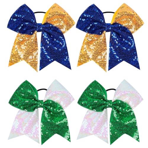 4 PCS 6.7Inch Cheer Bows,Large Sequins Cheerleading Bow Ponytail for Women,Blue and Gold Cheer Hair Bows Elastic Band for Sports Cheerleader Team Outfit Uniform Accessories
