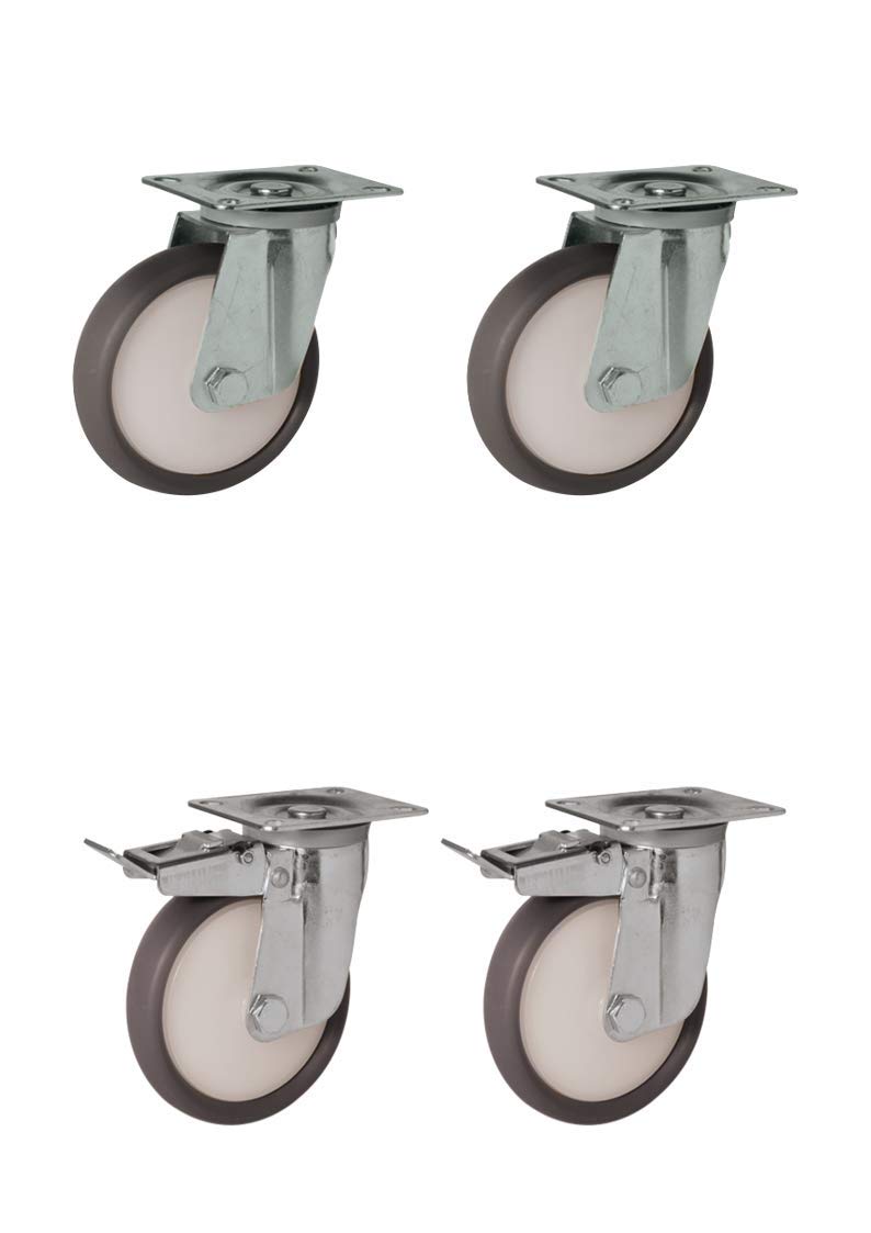 Set 4 Ruote 125 mm in Nylon con rivestimento termoplastico 440kg di portata con piastra girevole e freno per carrello Made in Italy