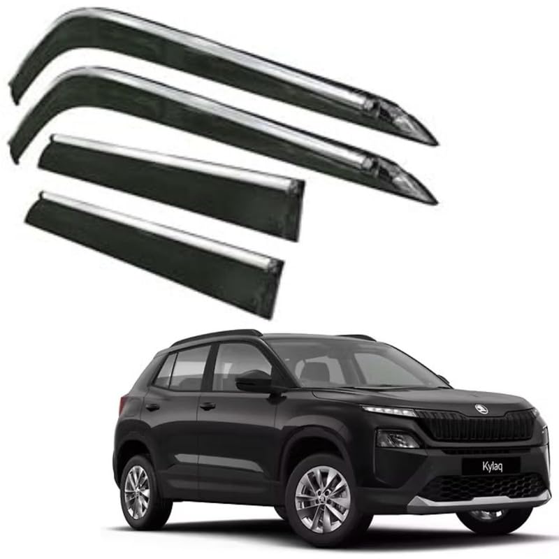 Image of CAR SAAZ Side Door Visors for Kylaq (2024-2025) (Set of 4Pcs)|Chrome Lined Rain Guards, Smoke Finish, Polycarbonate Wind Deflector