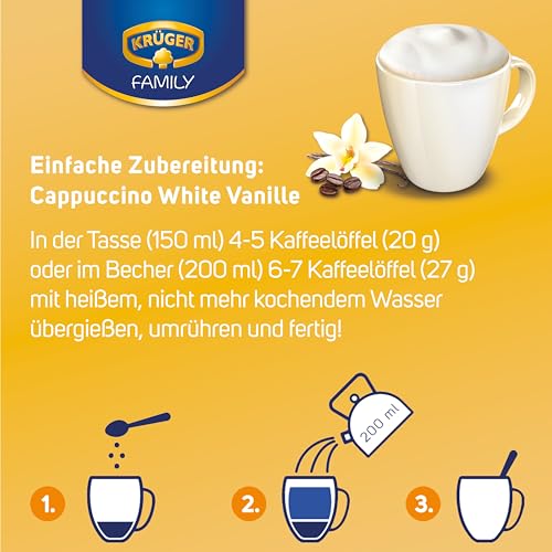 KRÜGER Family Cappuccino White Vanille, aromatisiertes Getränkepulver mit löslichem Bohnenkaffee, koffeinhaltig, 500 g Beutel – Ansicht 3