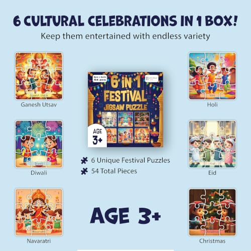 Image of 11 Strokes 6 in 1 Festival Jigsaw Puzzle for Kids Age 3+ | 54 Pieces | Diwali Holi Christmas Eid Dussehra Onam | Premium MDF | Indian Festivals Educational Toy