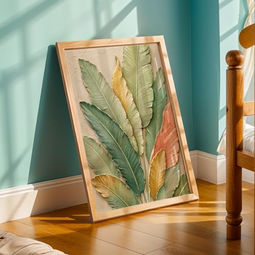 Image of NoWorries 3D Tropical Leaf Wall Painting with Frame Set of 1 | Premium Textured Green Botanical Leaves Artwork, Luxury Nature Wall Decor for Living Room, Bedroom, Office and Home Decoration (3d Art-8,13x19inch)