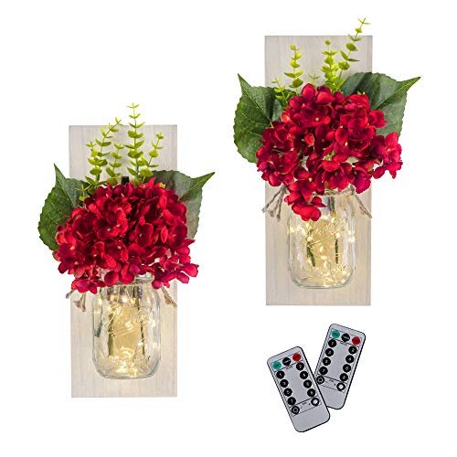 Mason Jar Wall Sconce with String LED Lights (Set of 2) - Farmhouse Chic Wall Decor-Rustic, Shabby Chic Style -Red Hydrangea Flower-Two Remote Controls