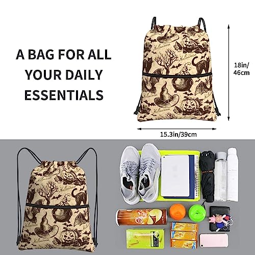 Outdoor Drawstring Backpack Compatible with Halloween Decorations Black Cat Bat Pumpkin Skull Party Pattern Gym Bag, Water Resistant String Bag Sports Sackpack with Zipper Pocket2