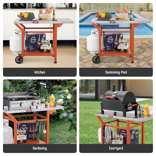 Feasto Movable Grill Table with Folding Side Table, Pizza Oven Table as BBQ Food Prep Cart with Undershelf for Outdoor & Indoor Use, 43" L x 20" W Stainless Steel Tabletop, Orange by Feasto - Image 8