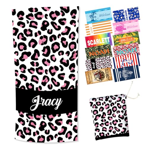 Duckbe Personalized Beach Towel with Bag, Pink Leopard Beach Towels Oversized Thick for Girls Women, Quick Dry Large Travel Sports Camping Towel for Swimming Pool