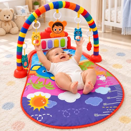 Tapete de Atividades para Bebê com Piano Musical – Ginásio Infantil | com Arco e Brinquedos Suspensos, Estímulo Sensorial e Coordenação Motora - Azul