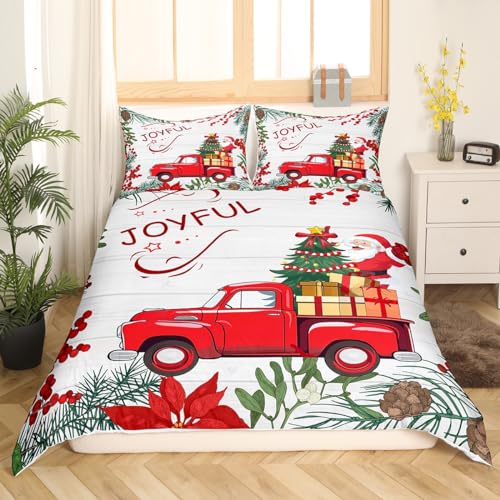 Cartoon Santa Claus Comforter Cover Twin,Red Truck Xmas Tree Duvet Cover with 1 Pillowcase,Watercolor Fruits Leaves Boys Girls Soft Bed Cover,Rustic Farmhouse Style Modern Room Decor,No Comforter