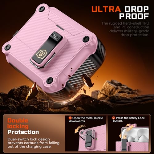 Image of Inesore for AirPods Pro 3 Case with Secure Lock (Pink) | Phone Stand Design,Compatible with MagSafe,Automatic Snap Switch Secure Cover Carbon Fiber Texture with Cleaner Kit