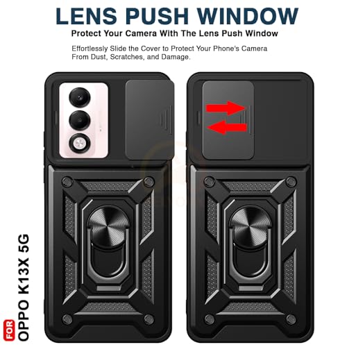 Image of Armor Bumper Back Cover Case for Oppo K13X 5G Rotating Camera Cover, Ring Holder & Kickstand | Heavy Duty & 360 Degree Protection Oppo K13X 5G Back Cover (Black)
