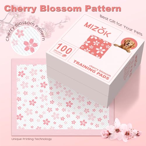 Image of MIZOK 100 Counts Dog Pee Pads Extra Large 28 inchx34 inch, Potty Pads for Big Dog Breeds, Super Absorbent & Leak-Proof, Pink Cherry Blossom Prints, 4-Corner Adhesive Tabs, Thick & Heavy, XL