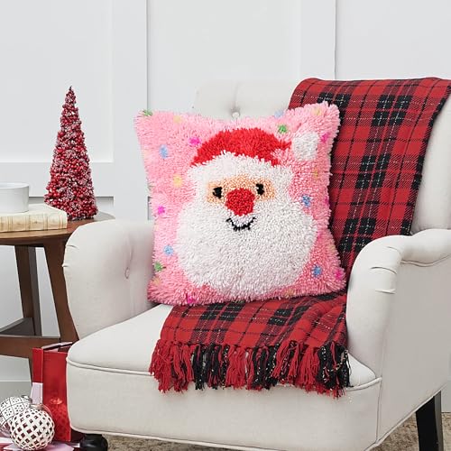 Image of Beyond Your Thoughts Christmas Latch Hook Kits DIY Pink Throw Pillow Cover Cute Santa with Color Pattern Printed for Kids Adults Beginners Family Decoration 16.5 * 16.5 inches BZ2403